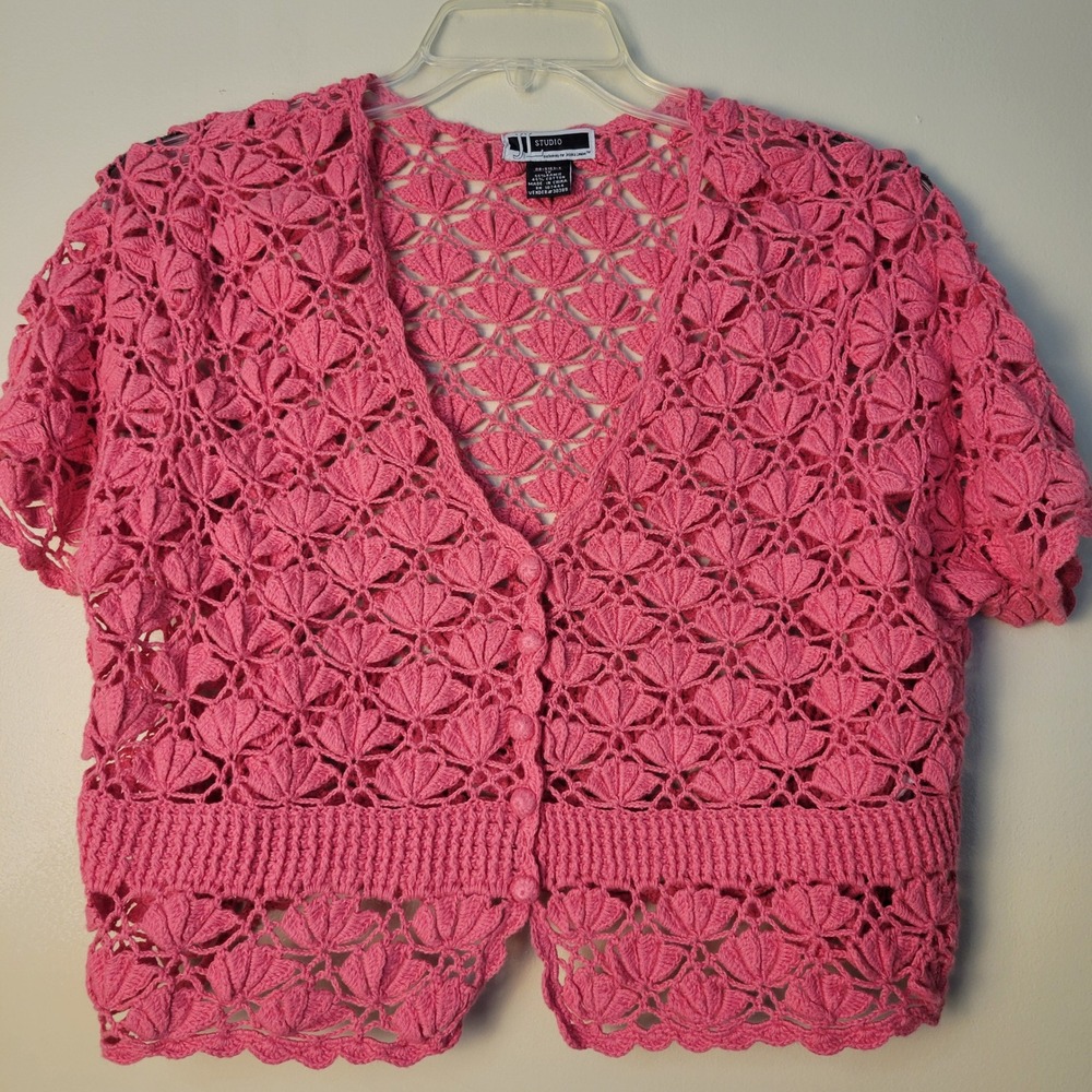 JL Studio Jessica London Pink Crochet Cardigan Sweater Womens 1X Short Sleeve